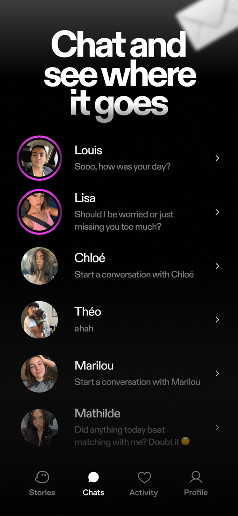 Ghosted: No Filter Dating App - A mobile screen showing the chat interface of the Ghosted dating app with multiple message threads and user profile photos.