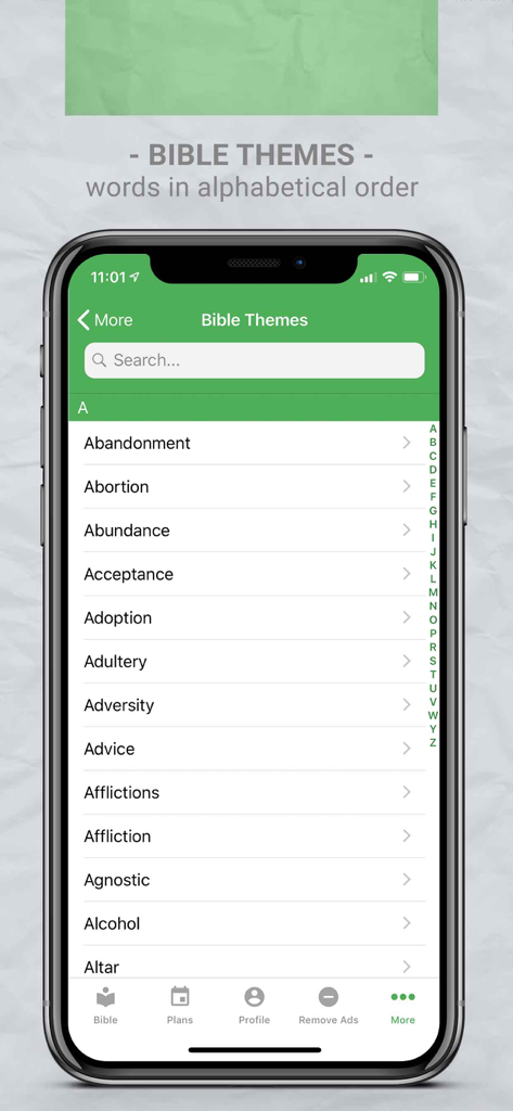 Luther's Bible - A mobile screen from the Luthers Bible app showing an alphabetical list of Bible themes like Abandonment and Abundance