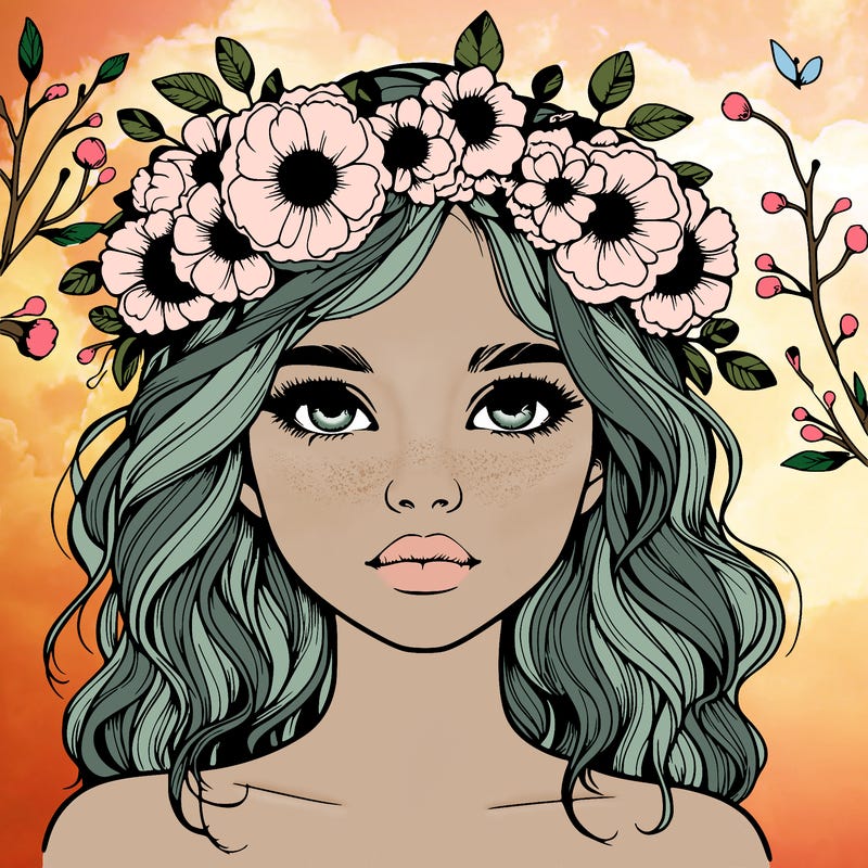 beautiful realistic girl with freckles and a flower crown