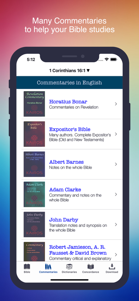 A menu of English Bible commentaries available in the KJV Strong's Concordance app