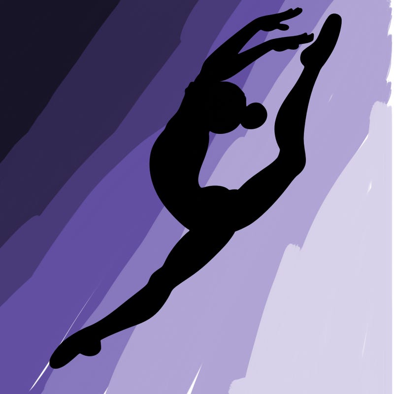 gymnast doing a leap in a leotard with a bent back leg