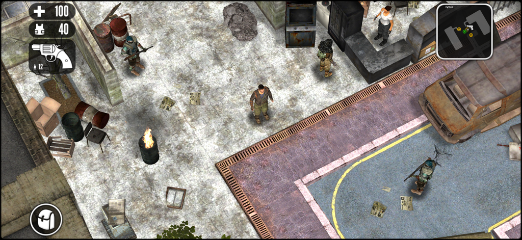 Hardboiled - Isometrische Spielansicht von Hardboiled mit einer Figur in einer zerstörten städtischen Umgebung