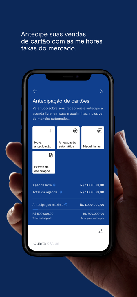Interface do aplicativo BTG Pactual Empresas mostrando o painel de antecipação de recebíveis de cartão com valores financeiros em Reais Brasileiros.