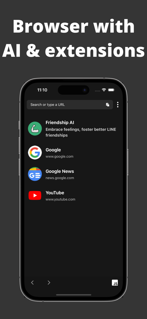 Friendships Pro browser interface featuring AI tools and web extensions in dark mode