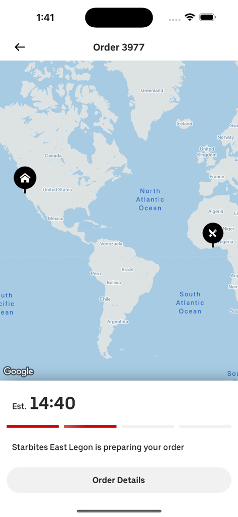 Starbites app order tracking screen showing a world map with delivery progress from Ghana to a user location
