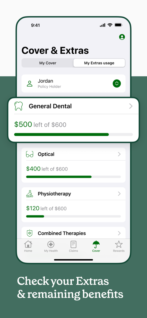 nib mobile app interface showing health insurance extras usage and remaining benefits for dental optical and physiotherapy