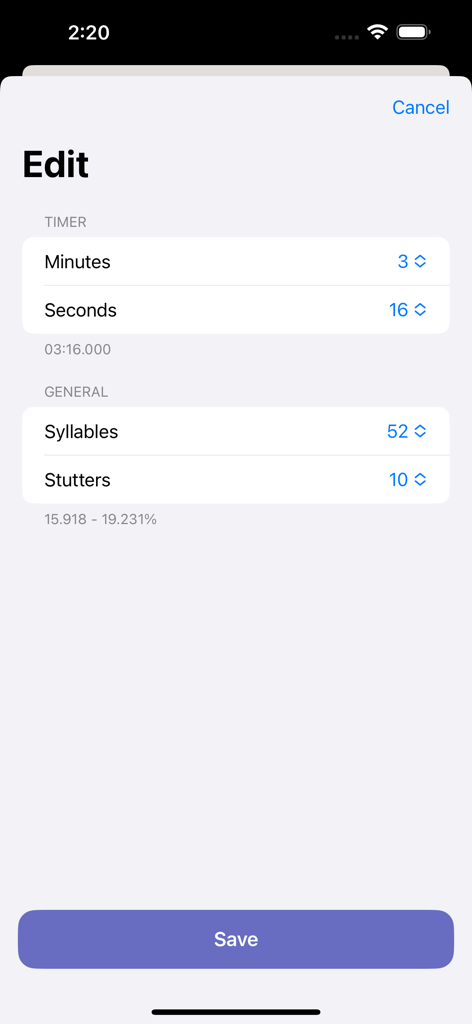 Interface for editing session duration and manually adjusting syllable and stutter counts for speech assessment