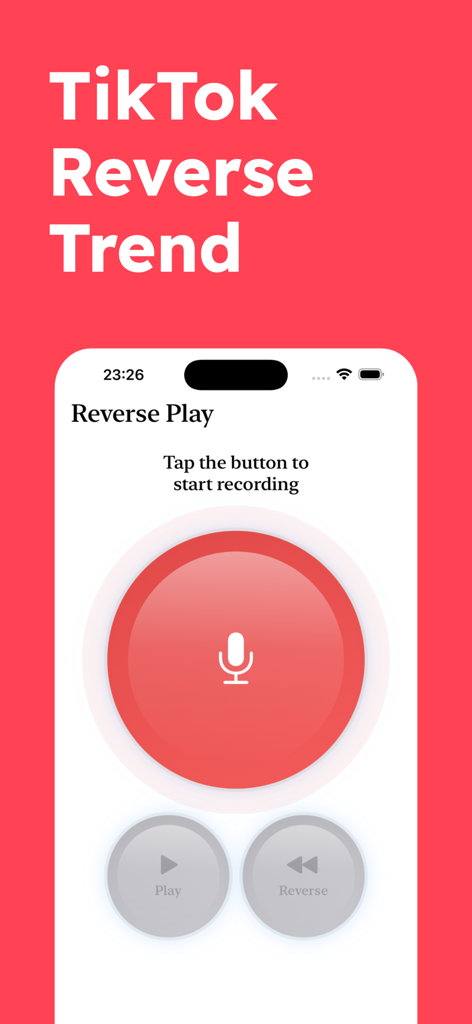 Oberfläche der Reverse Play App mit einem Mikrofon-Symbol und Aufnahme-Button für Social Media Challenges