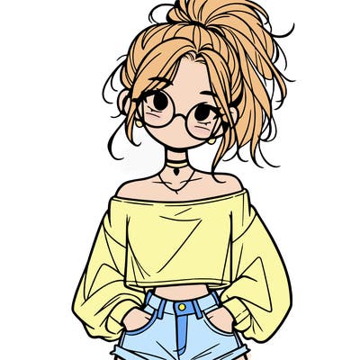 girl with a messy ponytail glasses a baggy crop top and jean shorts