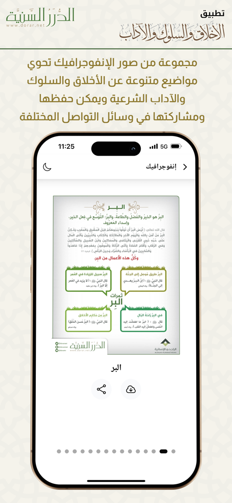 الأخلاق والآداب - A mobile app screenshot showing an educational infographic about righteousness in Arabic within the Morals and Manners application.