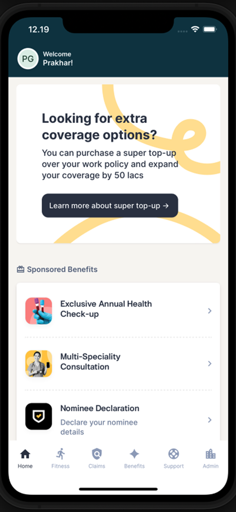 Nova Benefits app home screen showing health insurance coverage options and sponsored employee benefits like annual health check-ups.