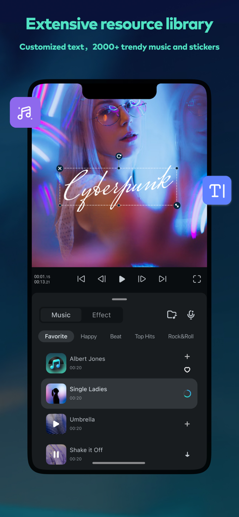 Filmora HD app interface showing a video with cyberpunk text overlay and a list of popular music tracks to add to projects