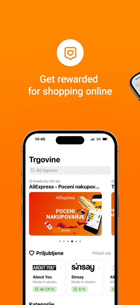 L'écran principal de l'application Tipli affichant divers magasins en ligne et leurs pourcentages de récompense en cashback.