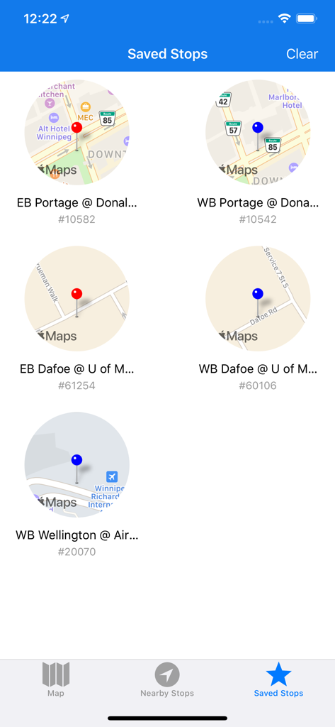 Interface of the Winnipeg Bus Live app showing a list of user saved bus stops with circular map icons and stop numbers