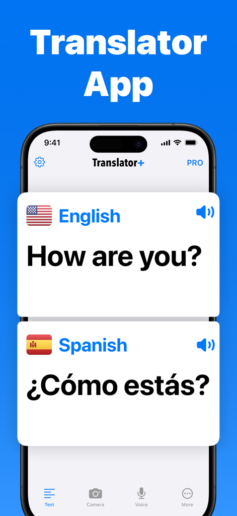 Translator Plus 앱 인터페이스가 iPhone에서 영어에서 스페인어로 텍스트 번역을 보여줍니다.