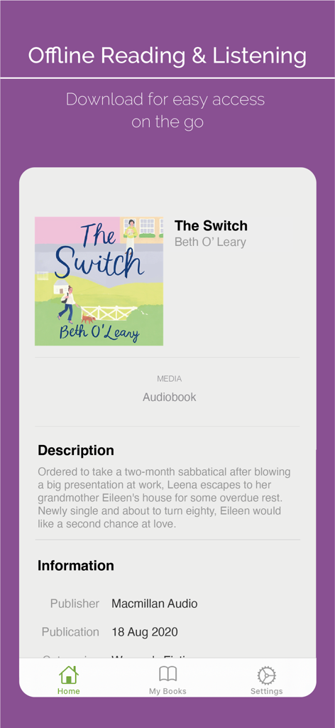 NetGalley Shelf - NetGalley Shelfアプリの画面。オーディオブックの詳細とオフラインリスニングオプションが表示されています。