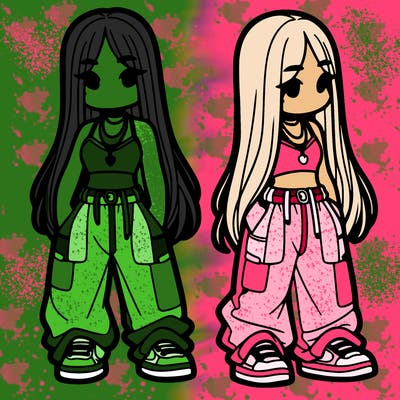 girl in baggy pants crop top and long hair