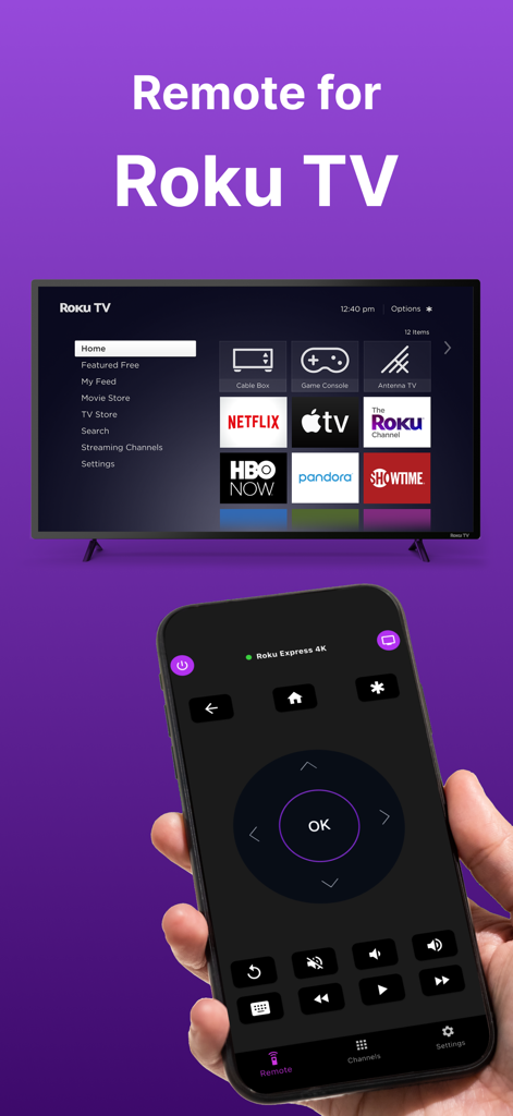Remote for Roku・ - Una mano sosteniendo un iPhone con la interfaz de la aplicación Mando para Roku junto a la pantalla de un televisor Roku mostrando aplicaciones de streaming