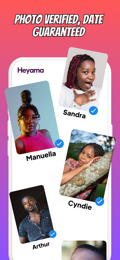 Heyama - African dating - African dating app interface showing user profiles with photo verification badges