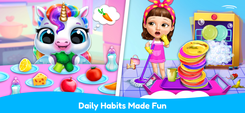 Little Minds: Game Bundle - Una pantalla dividida que muestra un unicornio de dibujos animados comiendo verduras y a una niña limpiando platos en el paquete de juegos Little Minds.