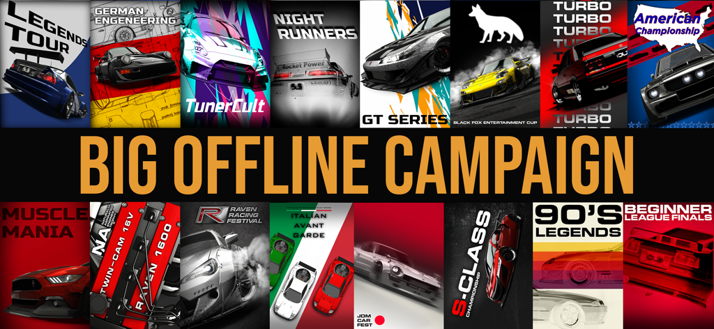 Drift Legends 2: Drifting Game - Eine Collage, die verschiedene Rennserien und Events im Offline-Kampagnenmodus von Drift Legends 2 zeigt