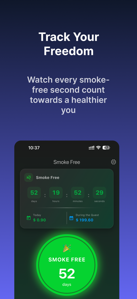 Smoke Free app interface showing a 52 day streak and nearly 200 dollars saved from quitting cigarettes