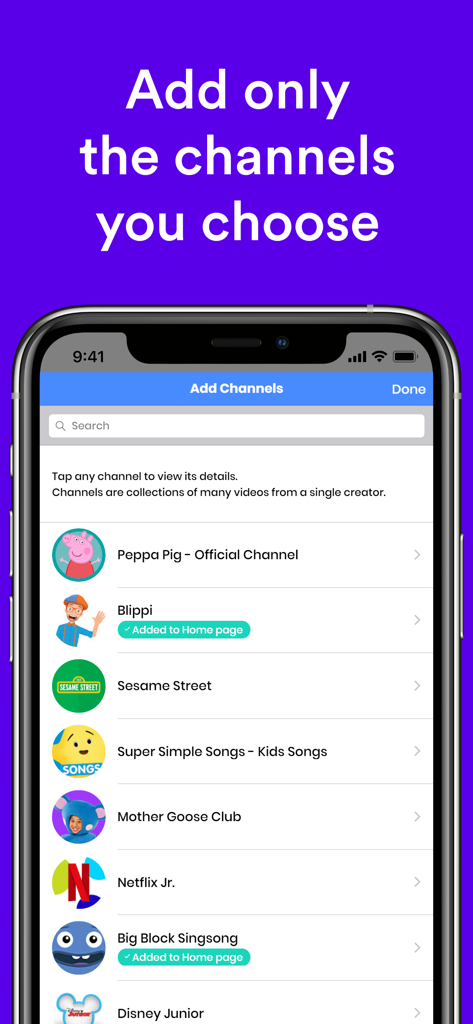 Safe Vision app screen for parents to select and whitelist specific YouTube channels for their children
