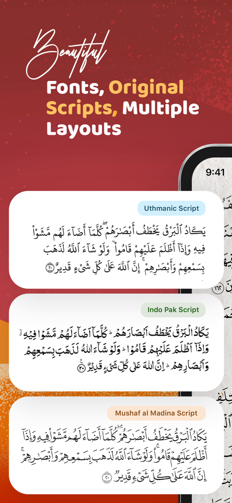 Quran Majeed - القرآن مجيد - Screenshot of Quran Majeed app showing Uthmanic, Indo Pak, and Mushaf al Madina script options with beautiful fonts and layouts.