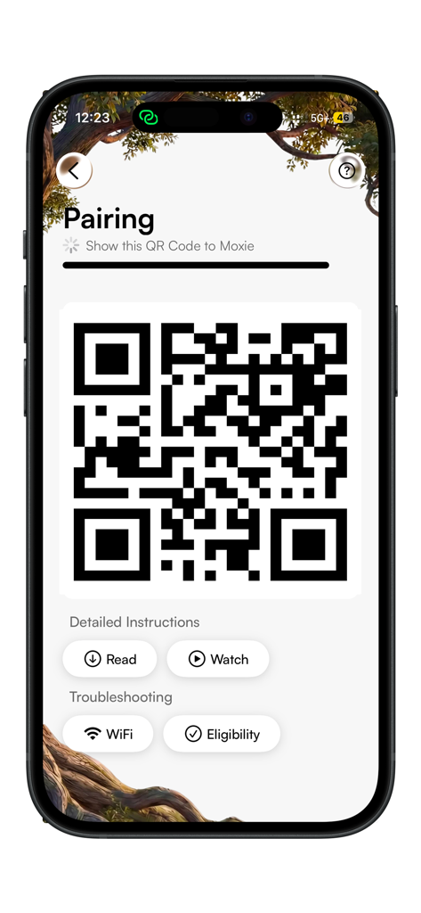 A smartphone screen showing a QR code to pair the Moxie Robot with the mobile app.