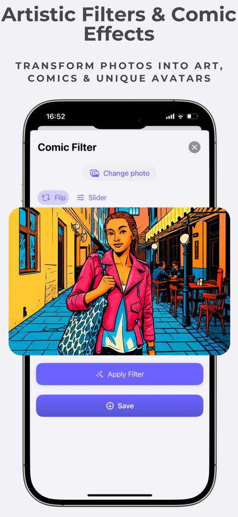 PhotoTool - AI Photo Enhancer - A smartphone screen displaying a comic book style filter applied to a photo using PhotoTool AI
