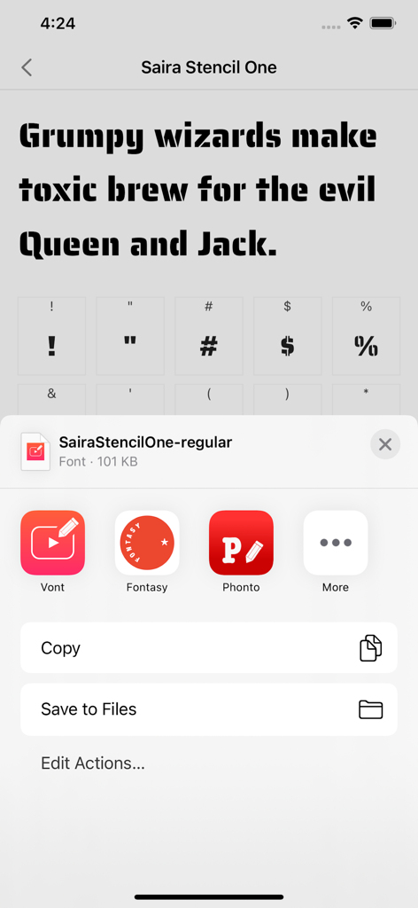 Fontasy - Font Browser - Screenshot of Fontasy app showing a preview of the Saira Stencil One font with an iOS share sheet to export font files to other apps