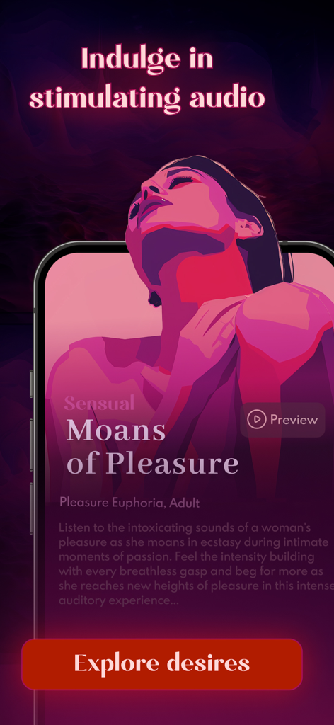 Sensual app interface featuring stimulating audio erotica stories with a preview of Moans of Pleasure.