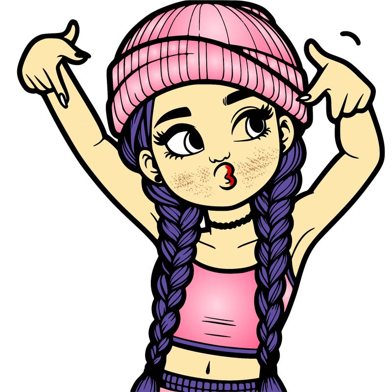 realistic teenage girl with braids and a beanie and crop top doing 🫶🏼