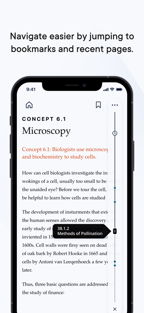 Reader plus mobile app interface showing digital textbook navigation and bookmarks
