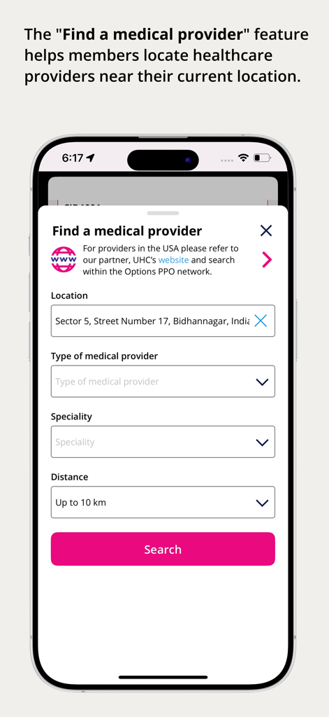 HCI Group - HCI Group app interface for finding a medical provider with search filters for location and specialty