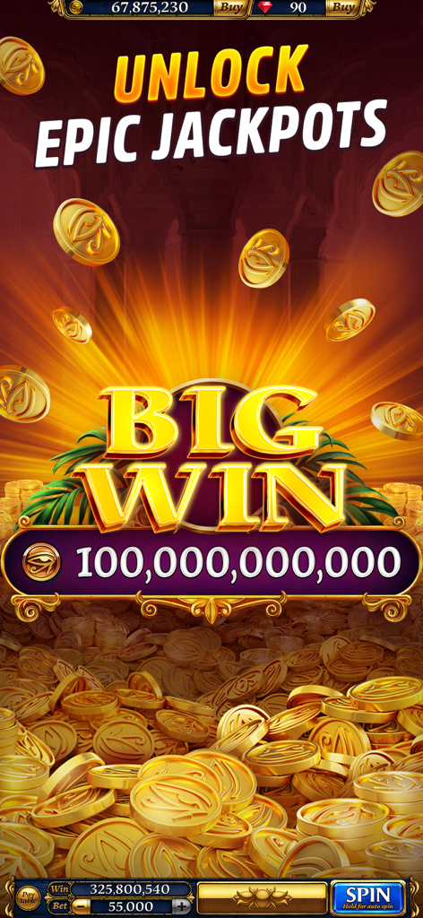 Écran de l'application mobile Slots Era montrant un gain de jackpot massif avec des pièces d'or et un message de victoire épique
