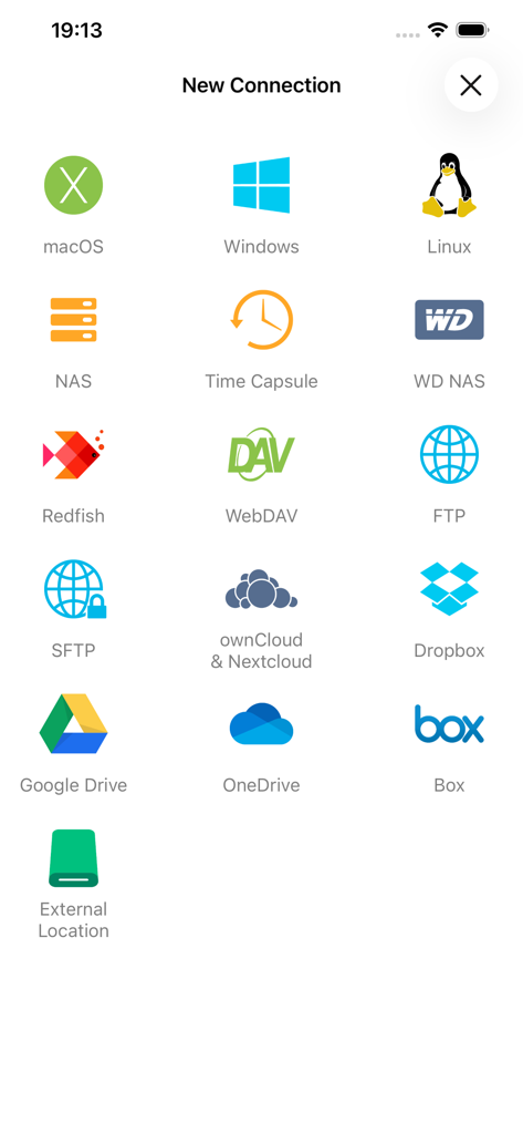 FE File Explorer Pro - New connection screen in FE File Explorer Pro showing support for macOS, Windows, Linux, NAS, and various cloud storage services.