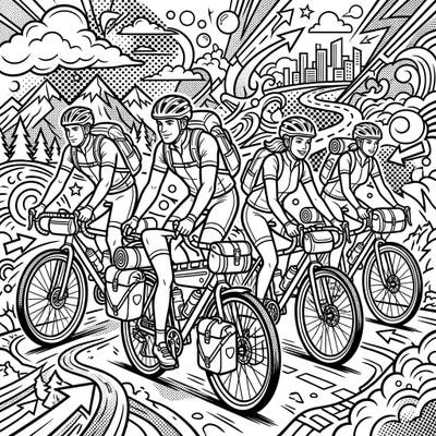 Embark on an epic journey with this vibrant coloring page showcasing touring cyclists in a dynamic Pop Art style. Its bold lines and energetic patterns perfectly capture the spirit of a long-distance cycling adventure, inviting you to add your unique splash of color.
