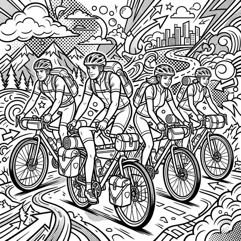Embark on an epic journey with this vibrant coloring page showcasing touring cyclists in a dynamic Pop Art style. Its bold lines and energetic patterns perfectly capture the spirit of a long-distance cycling adventure, inviting you to add your unique splash of color.