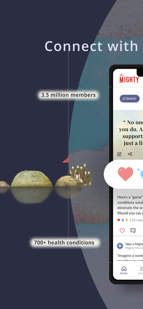 The Mighty app screen showing three point five million members and over seven hundred health conditions