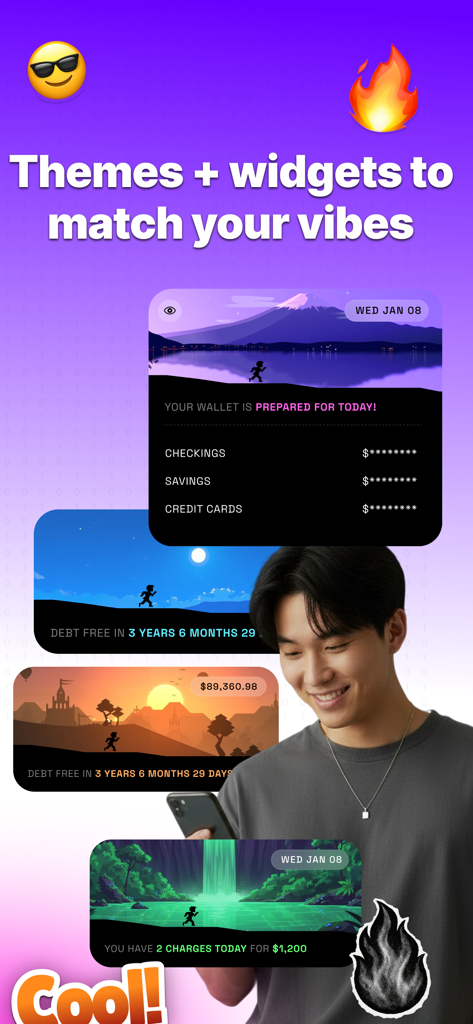 Subbie - Money Calendar - A man using Subbie app showing various aesthetic themes and home screen widgets for tracking finances and debt.