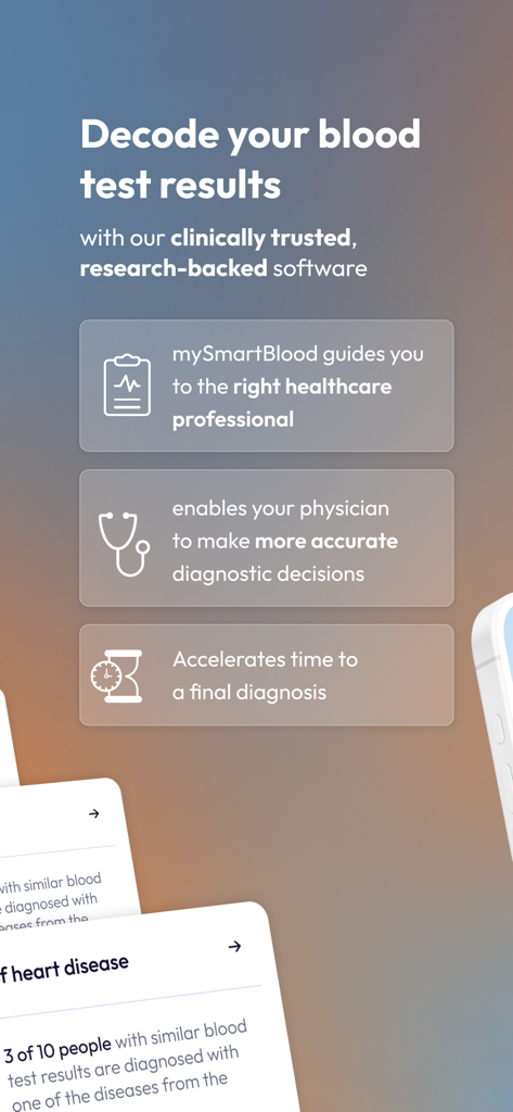 Promotional screen for mySmartBlood explaining how it decodes blood test results to guide users toward the right healthcare professional.