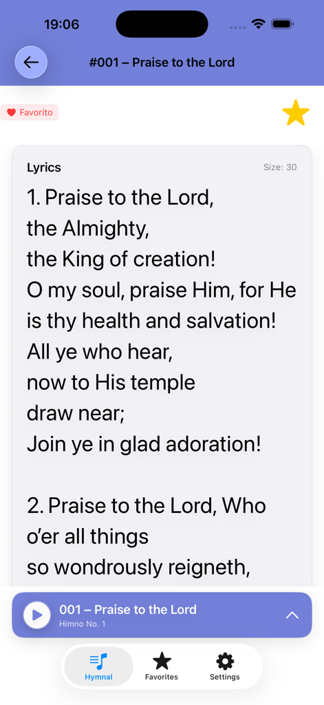 Official Adventist Hymnal - Interfaz móvil de la aplicación Himnario Adventista Oficial mostrando la letra del himno 'Alabad a Dios' con un reproductor de audio.