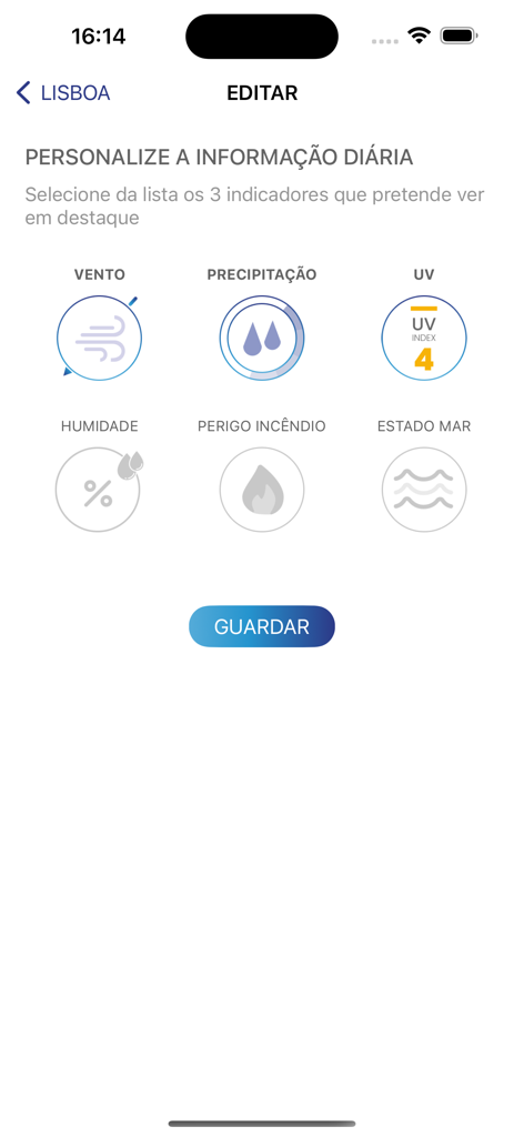 Pantalla de personalización en la aplicación Meteo IPMA para seleccionar indicadores meteorológicos como viento, precipitación e índice UV