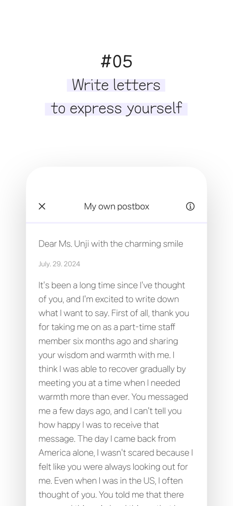 Cherish - diary with 7 formats - A screenshot of the Cherish app displaying its write letters to express yourself journaling format with a sample letter in a postbox interface.