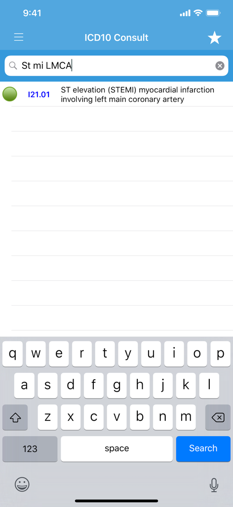 Search screen of ICD10 Consult app showing diagnosis code I21.01 for myocardial infarction