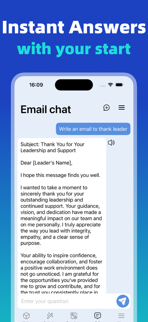 AI Writer app interface showing a generated professional thank you email