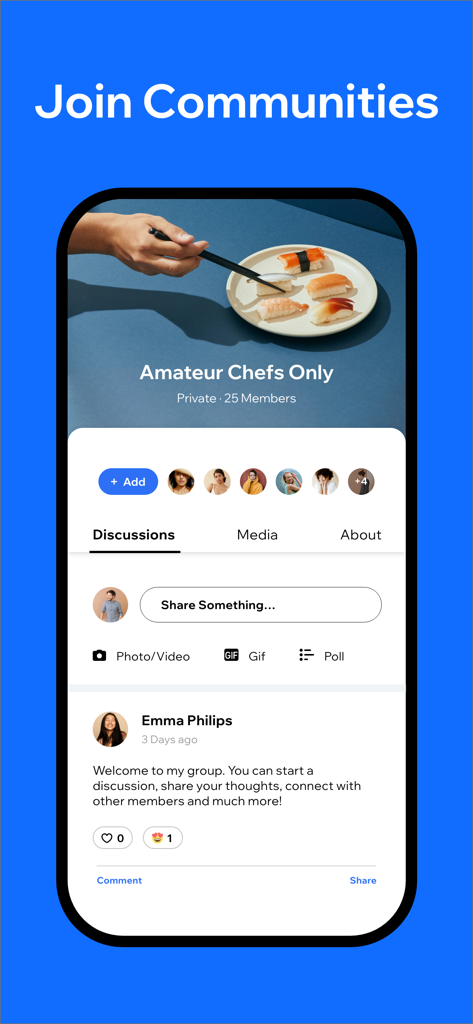 A mobile app screen for joining business communities and participating in group discussions