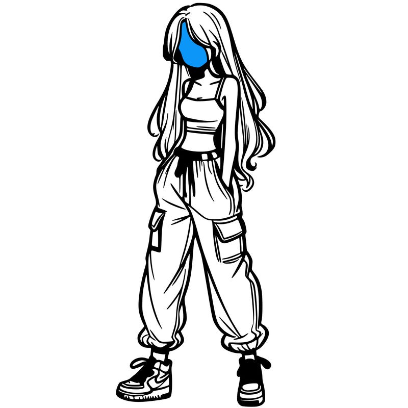girl in baggy pants crop top and long hair