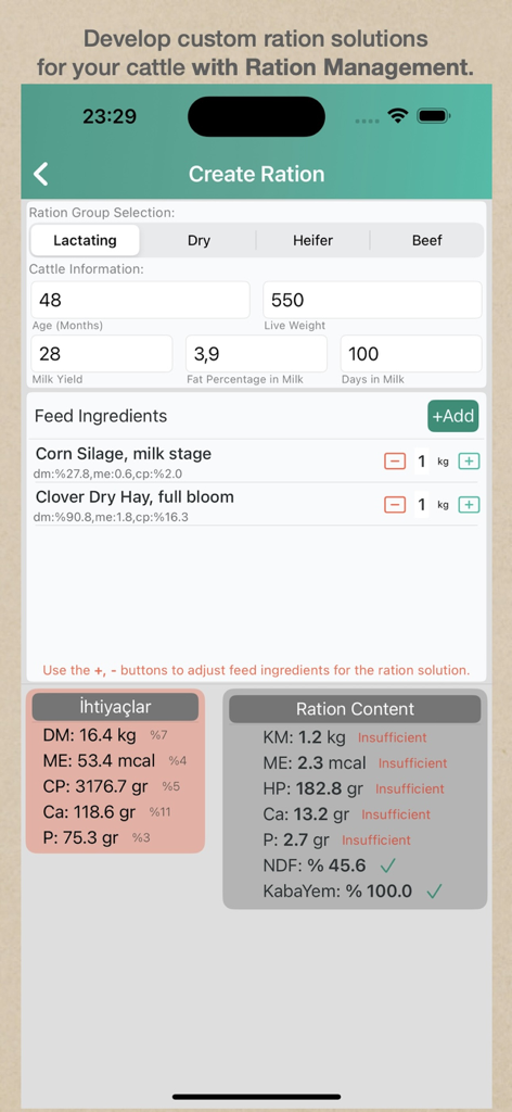 CowMaster- Herd Management App - CowMaster-App-Oberfläche zum Erstellen und Verwalten benutzerdefinierter Futterrationen für Vieh